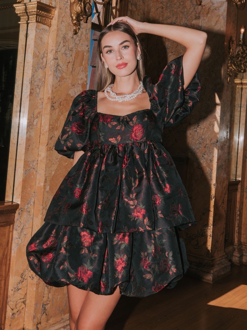 NWT Black Mini Tiered Bubble Dress Red Rose Floral Jacquard Puff Sleeves | M